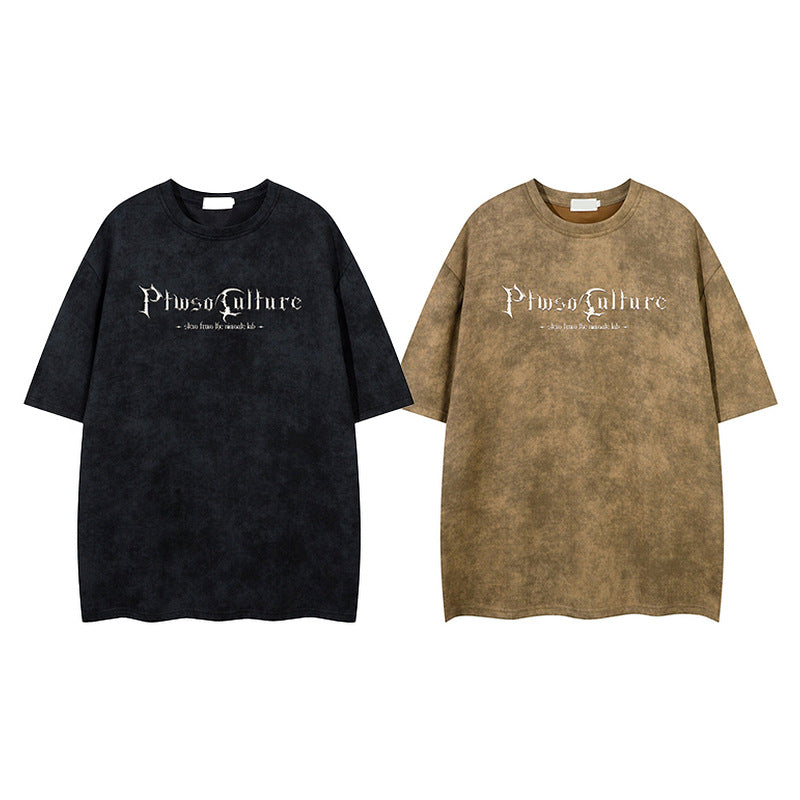 Street Retro Gothic Letter Print Suede Loose Short Sleeve T-Shirt for Men