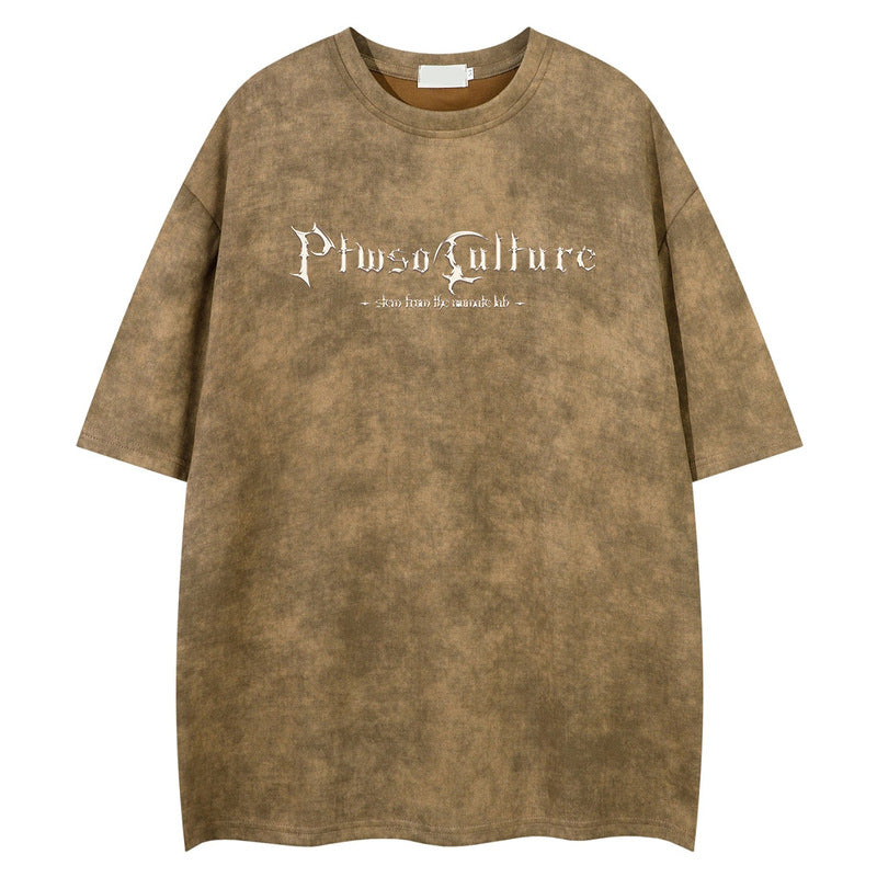 Street Retro Gothic Letter Print Suede Loose Short Sleeve T-Shirt for Men