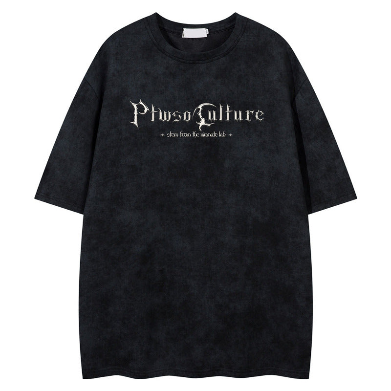 Street Retro Gothic Letter Print Suede Loose Short Sleeve T-Shirt for Men