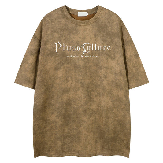 Street Retro Gothic Letter Print Suede Loose Short Sleeve T-Shirt for Men